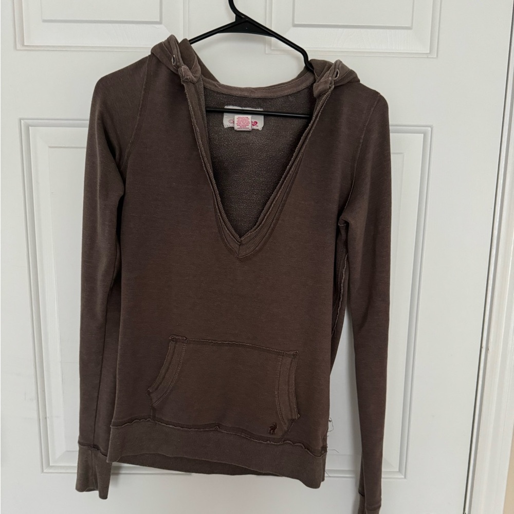 Brown V-Neck Hooded Sweater